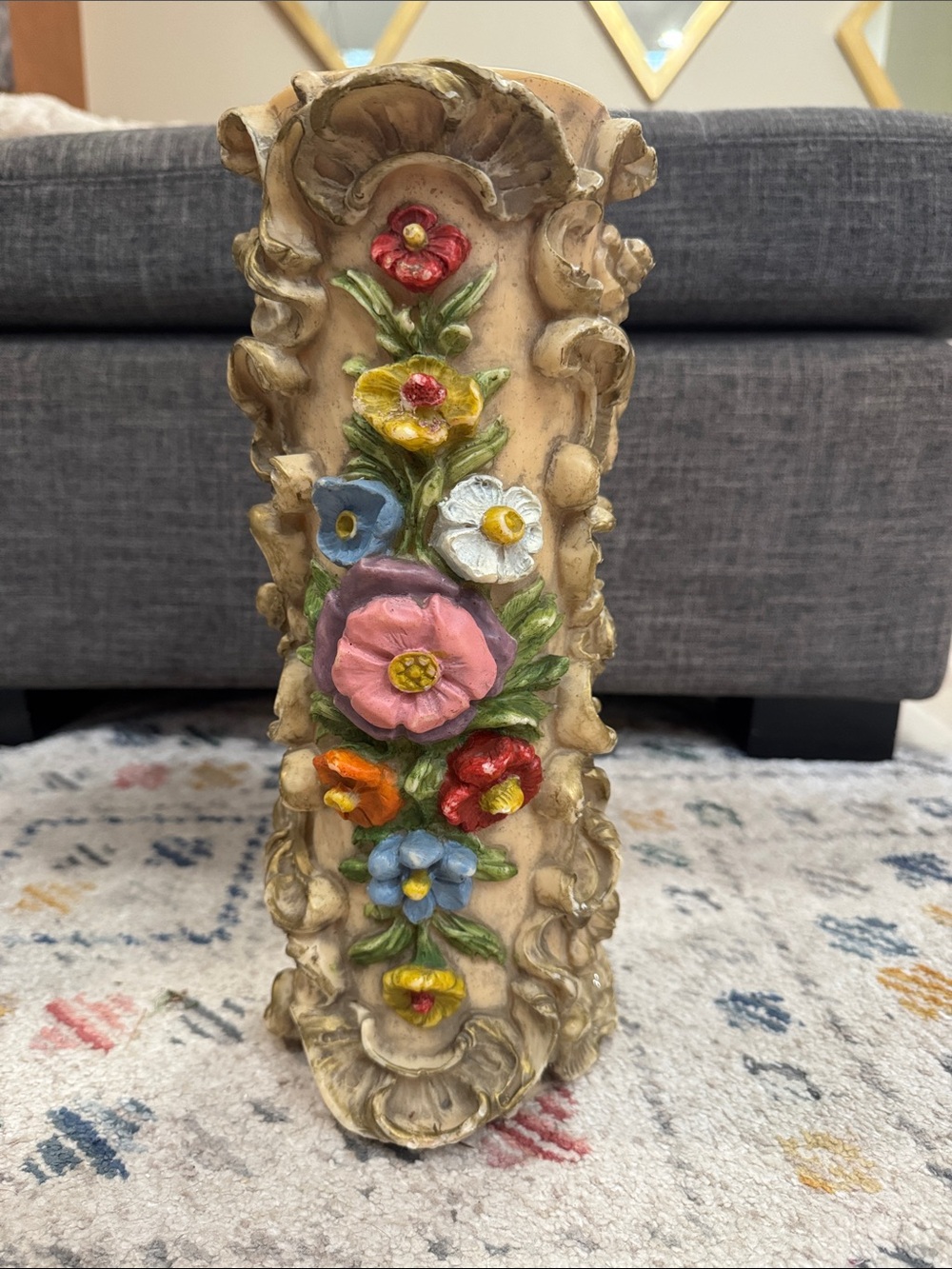 Vintage 1970s Sculpted Floral Wax Candle 13” Fairycore